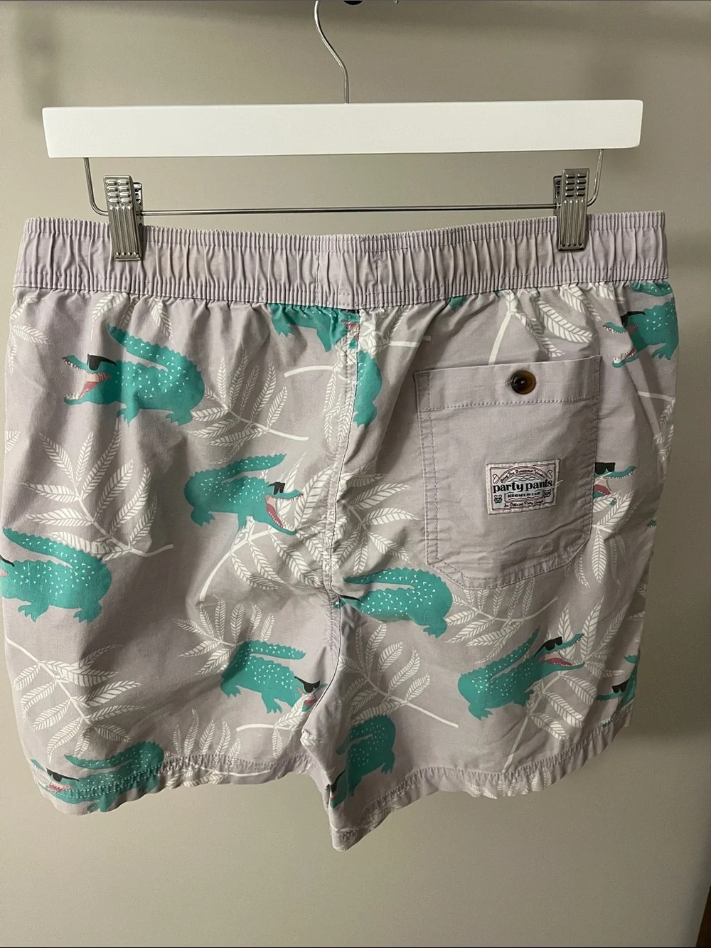 PARTY PANTS Men's Gray Swim Trunks with Teal Alligator Print